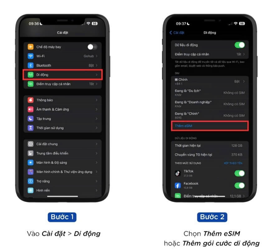 Hướng dẫn quét eSIM iOS bước 1 và 2